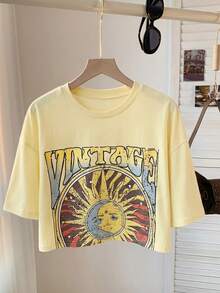 SHEIN Comfortcana 加大码粉色宽松太阳印花T恤，春夏款 - 淡黃色 - 查看 3