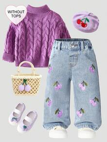 SHEIN 女宝宝可爱街头风新款休闲时尚刺绣樱桃可爱风格阔腿水洗牛仔裤 - 淺色水洗藍 - 查看 6