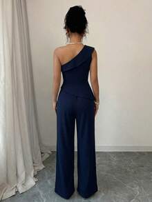 Elenzga 2pcs Women Elegant Daily Refined Top And Pants Set - Navy Blue - View 2