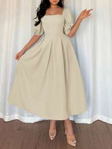 Elenzga 女士优雅简约纯色圆领荷叶边下摆A字泡泡袖短袖连衣裙，适合通勤、办公、商务、休闲、度假、下午茶、派对等场合。 - 卡其色 - 查看 5