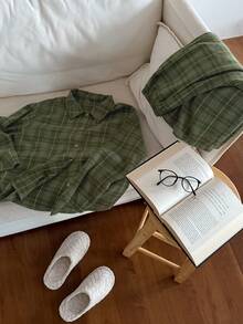 DAZY Plaid Loose Fit Shirt & Pants 2 Pieces Pajama Set For Women - Army Green - View 5