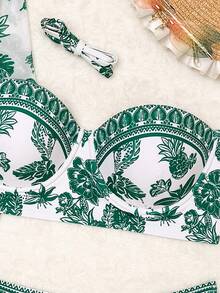 Swim Vcay 三件套：印花细肩带聚拢钢圈比基尼泳衣 + 印花长袖罩衫 - 綠色 - 查看 7