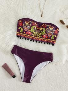 Swim Vcay Bộ đồ bơi mùa hè dành cho nữ gồm 2 món, áo quây có đệm và quần bikini kiểu Bohemian, thích hợp cho các lễ hội hoặc phong cách Boho. - Màu Đỏ Sâu - Xem 3