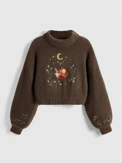 Fairycore Pull décontracté à col montant, épaules tombantes et manches longues pour femmes grandes tailles, avec broderie de renard et fleurs