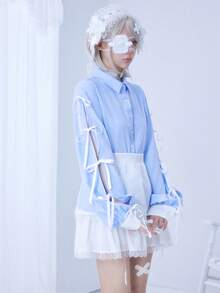 ROMWE EDITION Áo sơ mi dài tay kẻ sọc trang trí nơ dễ thương kiểu Kawaii dành cho nữ - Màu xanh lam - Xem 8