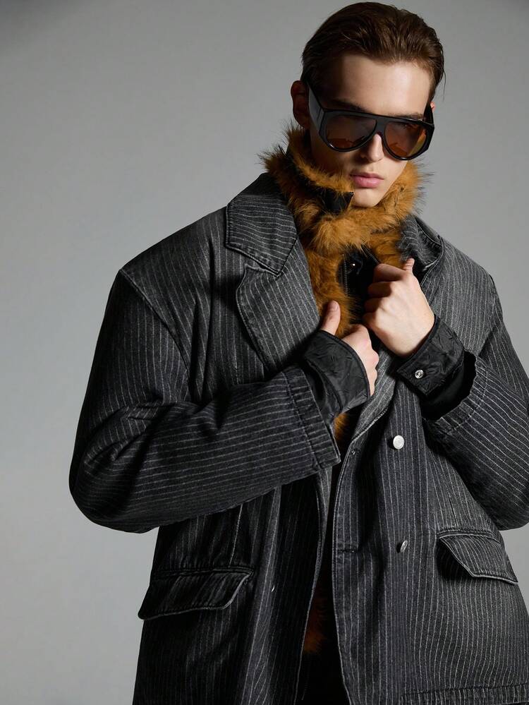 Men Street Style Striped Double-Breasted Denim Long Sleeve Blazer, For Fall Winter