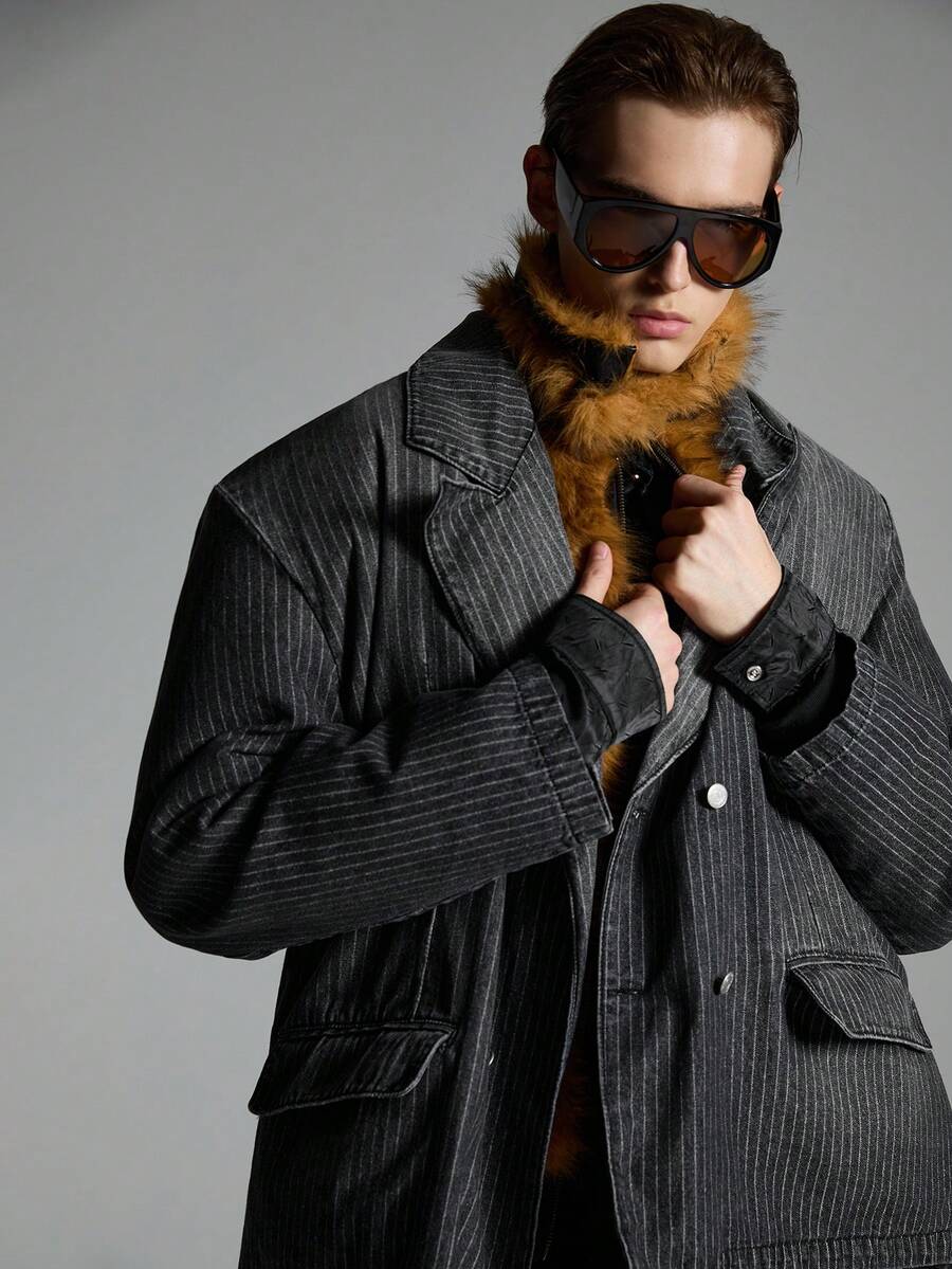 NEON BLANC 男士街头风格条纹双排扣牛仔长袖西装外套，适合秋冬