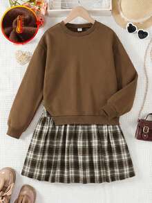 Emery Rose Kids Emery Rose Kids 少女撞色长袖休闲连衣裙，校服裙，卫衣裙，秋冬款 - 棕色 - 查看 2