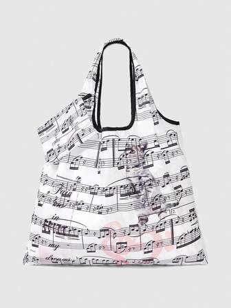 Kawaii Bolso de tote plegable de gran capacidad con estampado de corazones y notas musicales de moda, bolso de compras portátil con monedero