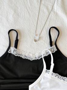 SHEIN 2件装女童基本款简约舒适休闲蕾丝边V领褶皱吊带背心，黑白两色，弹力针织面料，法式蕾丝芭蕾舞风格 - 黑與白 - 查看 5