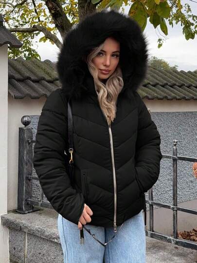 Jeta Ari Women's Solid Color Long Sleeve Zipper Collar Patchwork Fuzzy Hooded Padded Coat, Winter