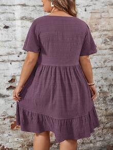 SHEIN LUNE 大码女式纯色圆领荷叶袖休闲度假连衣裙 - 紫色 - 查看 2