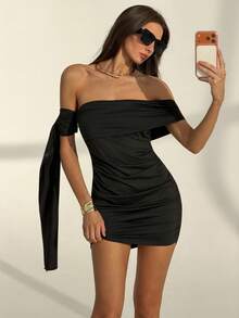 Aloruh One Shoulder Tie Waist Ruched Mini Bodycon Dress - Black - View 8