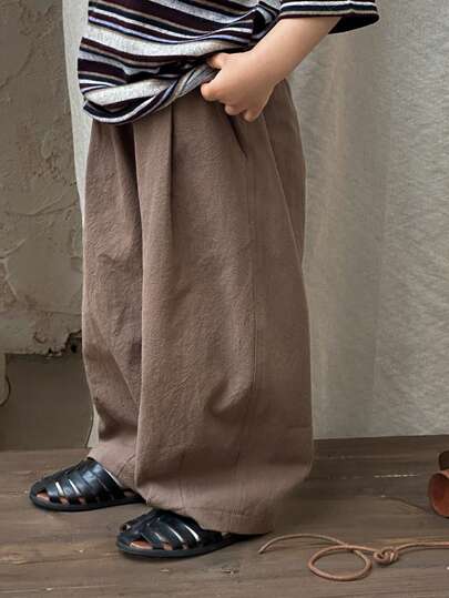 DAZY Young Boy Solid Color Elastic Waist Pockets Wide Leg Loose Casual Pants Spring
