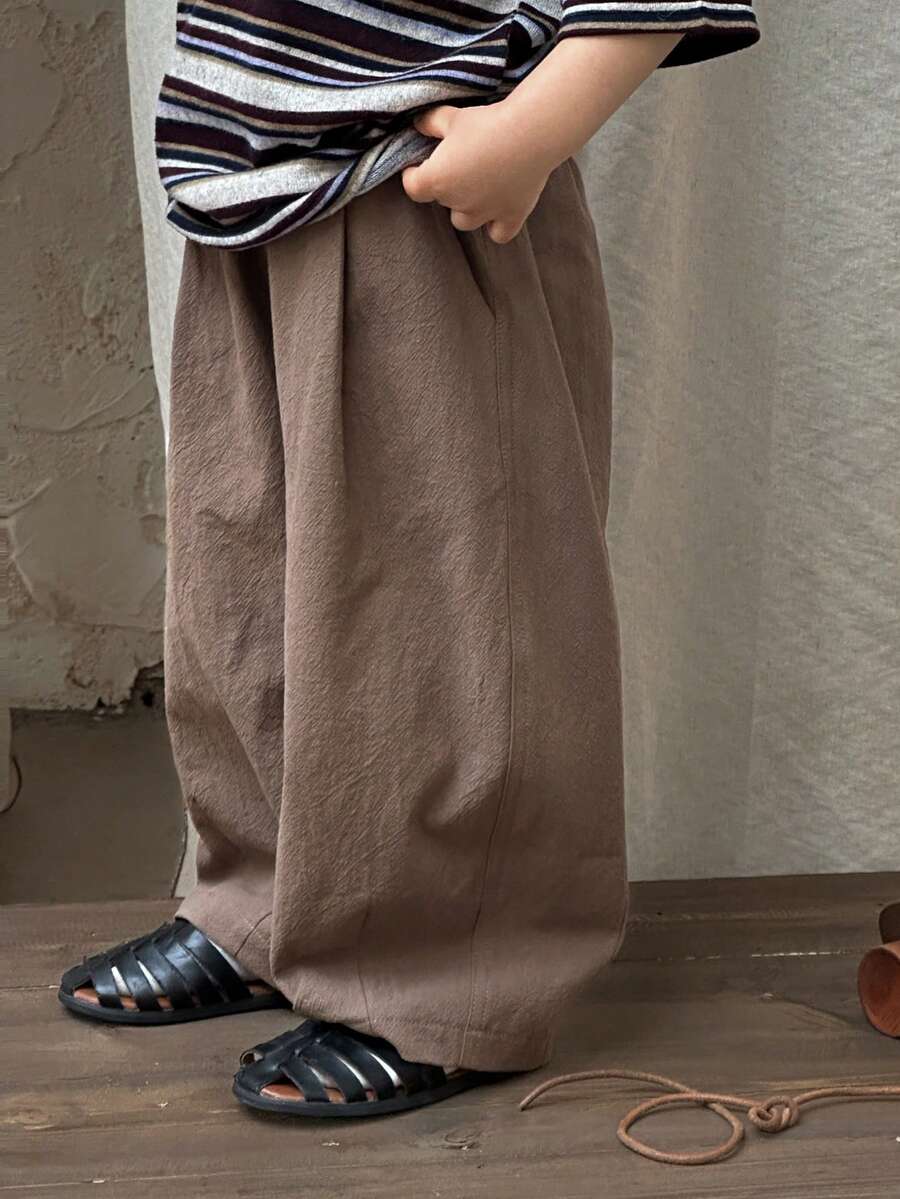 DAZY 男童纯色弹力腰带口袋阔腿宽松休闲裤 春季 - 棕色 - 查看 1