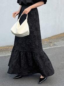 FRIFUL 女士提花弹力腰荷叶边下摆优雅A字裙 - 黑色 - 查看 4