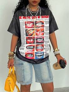 Rovax 女士休闲时尚街头唇语标语印花水洗短袖T恤，夏季 - 黑色 - 查看 4