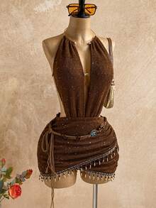 Soleia 女士性感复古图案网纱深V领串珠装饰紧身迷你连衣裙，适合节日派对、圣诞节、约会之夜、夜店、波西米亚风、度假、秋季等场合。 - 棕色 - 查看 4