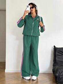 SHEIN Tall 女士两件套梭织撞色条纹外套和裤子运动套装 女士休闲运动服两件套 - 綠色 - 查看 3