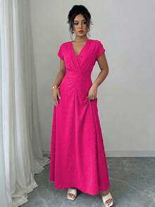 SHEIN Elenzya Vestido elegante de cuello en V con cintura recogida y línea A para mujeres, hecho de tela refinada - Rosa Fucsia - Ver 5