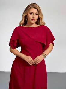 Auralis Elegant V-Neck Long Sleeve Fitted Maxi A-Line Dress, Suitable For Concerts, Performances, Dates, Formal Dinners, New Year Parties, Sexy, Commuting, Romantic, Office Wear, Mermaid Style, Birthday Party, Red Dress For Women/New Year's New Red Plus Size Round Neck Irregular Cap Sleeve Cape Faux Two-Piece Waist-Defining A-Line High Slit Plus Size Dress / Elegant And Dignified / Valentine's Day Burgundy Dress / Romantic Date / Sophisticated Outfit / Everyday Outfit / Influencer Style - Red - View 4