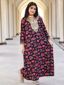 Đầm Abaya dài tay cổ chữ V họa tiết hoa, dáng rộng, tối giản, thoải mái cho bé gái tuổi teen. - Nhiều màu - Xem 4