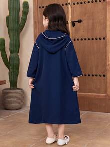 SHEIN Young Girl Loose Casual Hooded Pullover Ribbon Decor Contrast Trim Dress - Blue - View 2