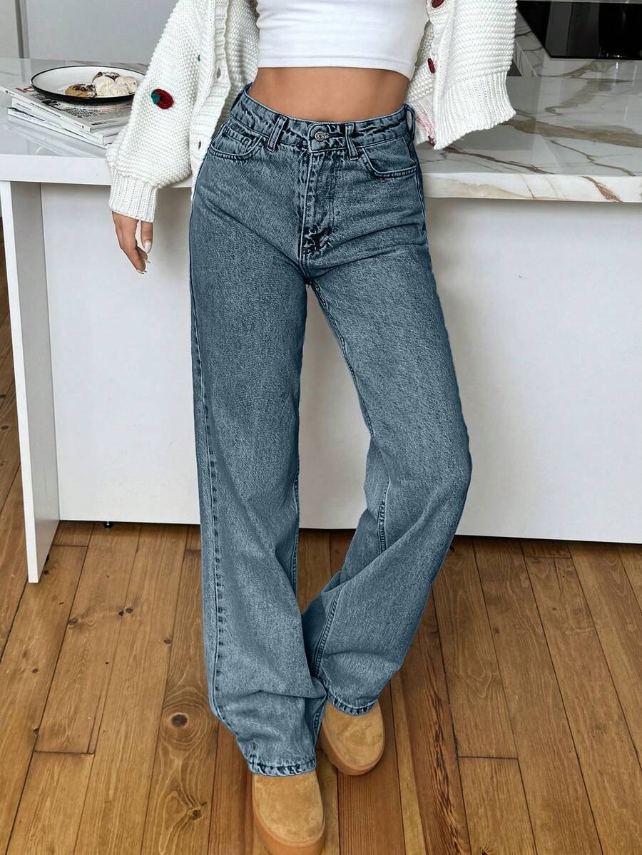 EURMUSE 高腰直筒浅蓝色女式牛仔裤 - 霧霾藍 - 查看 1