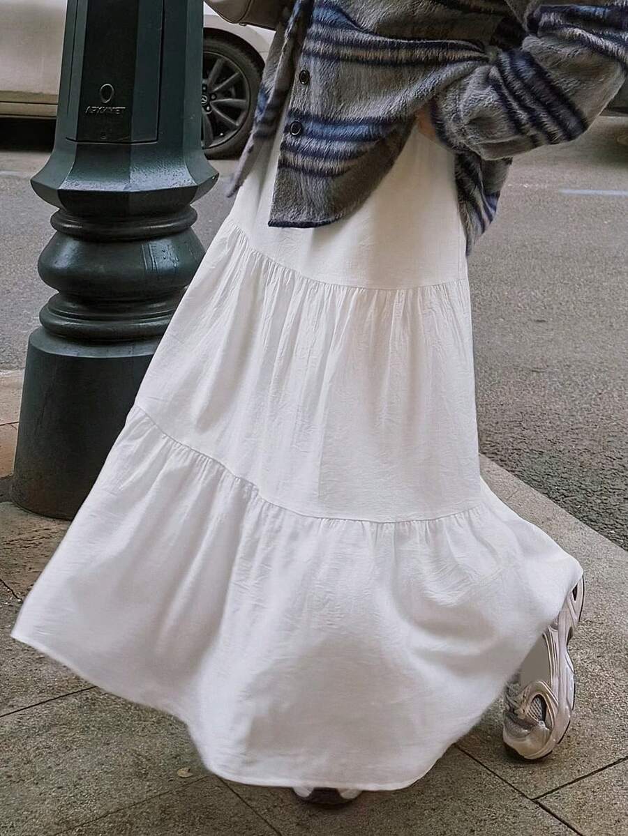 DAZY Women's Summer Vacation Solid Color Textured Ruffle Hem A-Line Skirt - White - View 1