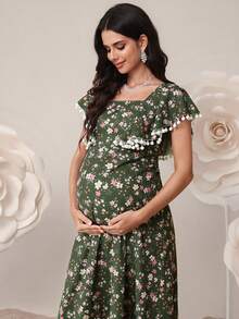 SHEIN 孕妇优雅碎花绒球装饰荷叶边连衣裙，夏季 - 綠色 - 查看 2