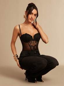 Silquee 女士撞色蕾丝网纱性感吊带连体衣 - 黑色 - 查看 7