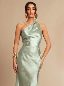 Silquee 女士缎面提花露背系带连衣裙，春夏款 - 綠色 - 查看 2