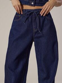 MUSERA 系带阔腿水洗牛仔裤，春季少女风，日常穿搭，可爱休闲，甜美豌豆夏季款 - 藏蓝色 - 查看 5