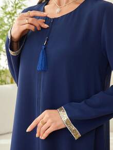 Al Najma Solid Color Round Neck Tassel Decor Long Sleeve Sequin Embellished Loose Elegant Luxurious Abaya - Royal Blue - View 6