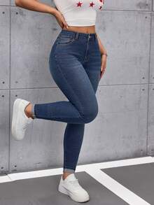 SHEIN Tall Women's High Waist Pockets Casual Versatile Skinny Jeans - Dark Wash - View 3