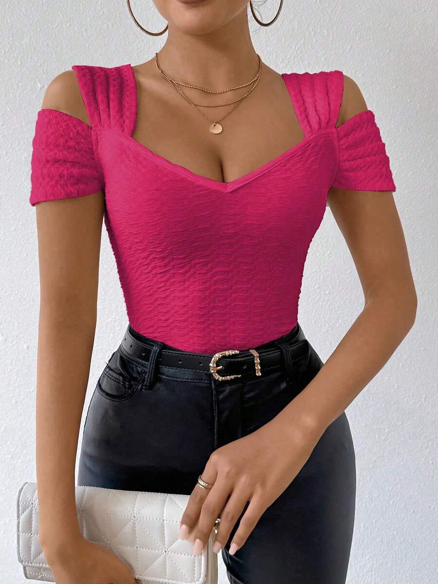 RosyDaze Áo thun nữ màu trơn, tay ngắn, hở vai, ôm sát, gợi cảm, thích hợp mặc mùa hè. - Màu Hồng Tươi - Xem 1