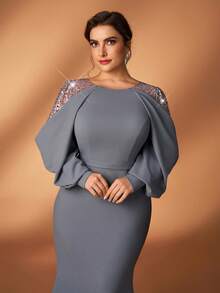 Serin Plus Size Rose Gold Spring Elegant Evening Mermaid Dress,Gray Sequin Embroidered Patchwork Elastic Knit Asymmetric Ruffle Sleeve Fitted Party Gown - Grey - View 8