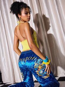 Y2Kool Maria Clara Maia 女士蓝色字母龙印花新款中国风抽绳腰休闲裤，适合春季Y2K风格嘉年华服装 - 藍色 - 查看 3