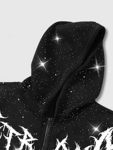 ROMWE MEN 男士字母十字印花长袖拉链领口袋亮面连帽卫衣 - 黑色 - 查看 3