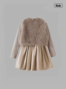 Sweetra 3件套：棕色毛茸茸蝴蝶结背心、同款吊带背心和PU褶裙 - 咖啡棕 - 查看 2