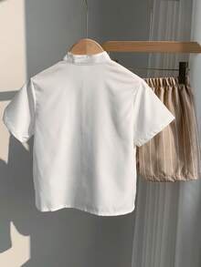 2件套男童休闲舒适百搭立领短袖衬衫+条纹短裤套装，适合上学、郊游、度假、聚会、春夏穿着。 - 杏色 - 查看 6