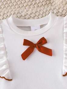 Adorable Young Girls Khaki Rib Knit Round Neck Long Sleeve Tee With Ruffles And Matching Pleated Skirt Co-Ords - Khaki - View 3