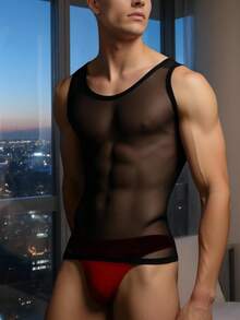 WENEZON Men's Sheer Mesh Sleeveless Shapewear Top - Black - View 5