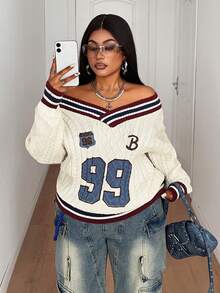 Maweii Women's Casual Daily Simple College Style Versatile Sporty Streetwear Young Fashion V-Neck Off-Shoulder Dropped Shoulder White Long-Sleeved Printed Letter Pattern Striped Color Block Loose Straight Knit Plus Size Pullover Sweater Top, Fall Winter - Multicolor - View 3