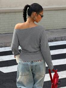 Muchica Women's Striped Asymmetrical Shoulder Slim Fit T-Shirt - Grey - View 2