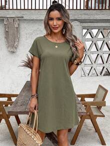 EMERY ROSE Casual Minimalist Cotton Blend Short Dress For Women, Spring/Summer Carnival,Casual - Army Green - View 6