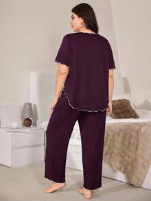 Lazeform 紫色加大码睡衣套装，V 领，蝴蝶结细节，适合舒适的夜晚睡衣套装、服装 - 紫色 - 查看 3