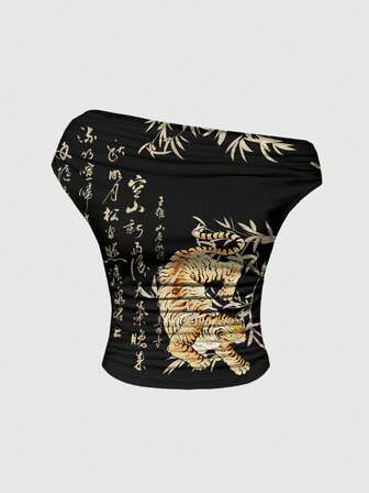 ROMWE Avant T-shirt femme avec imprimé vintage de style chinois sexy, épaule asymétrique, tigre et calligraphie chinoise sur tout le vêtement