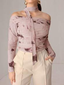 Modelyn T-shirt en maille transparente sexy imprimé ruban tricoté d'automne - Mauve - Voir 7