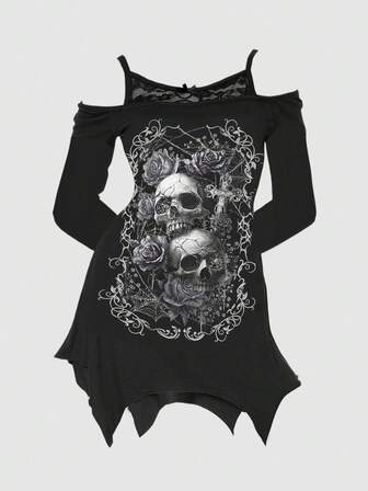 Goth Camicetta asimmetrica con stampa di rose e teschi, scollo spalle scoperte, maniche lunghe, stile gotico, taglie comode, colore nero